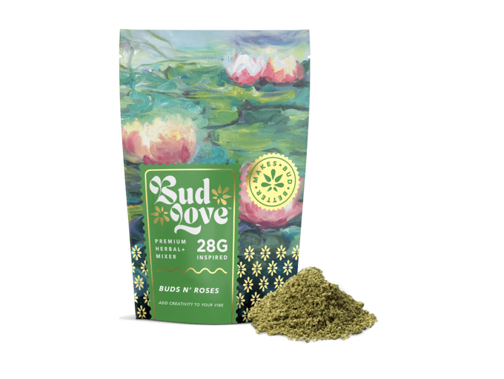 Bud Love Makes Bud Better! 28g resealable pouch. Buds N' Roses (rose) flavor – pairs well with all strains. Try some Premium Herbal+ Mixer today and become a Bud Lover!