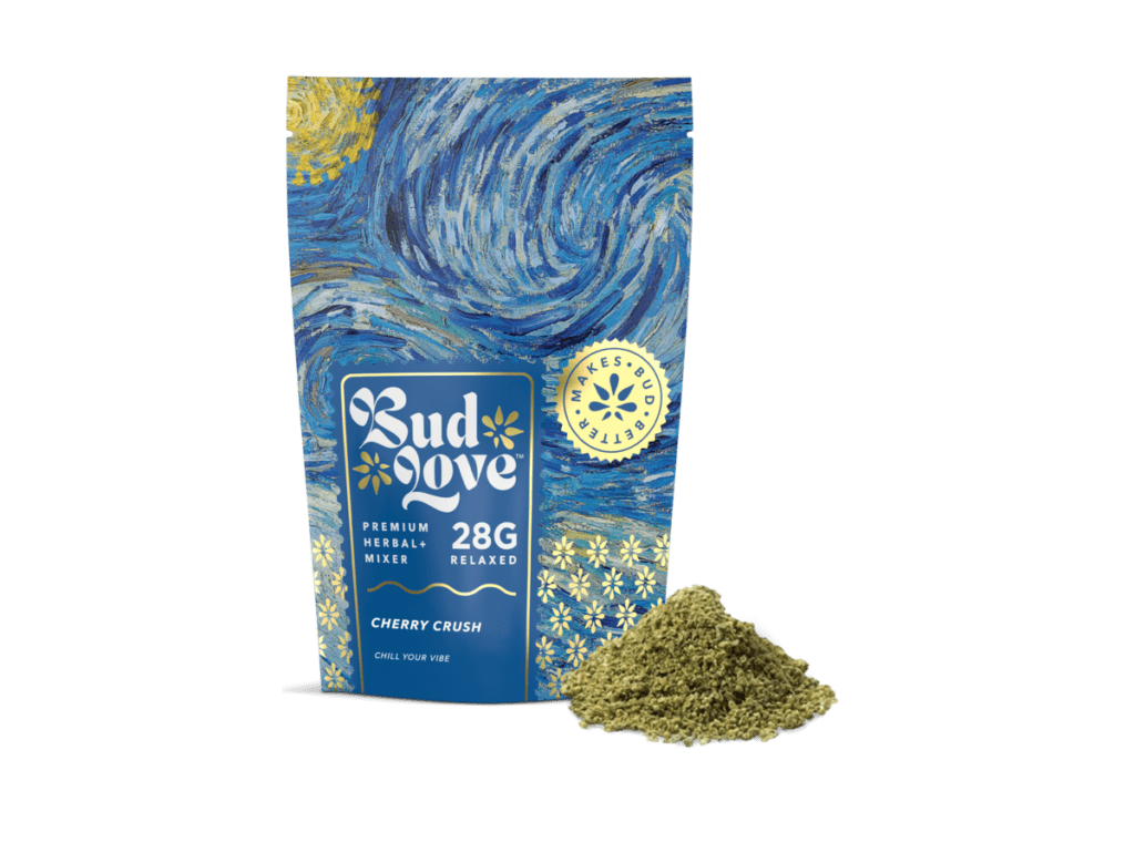 Bud Love Makes Bud Better! 28g resealable pouch. Cherry Crush flavor – chill your vibe. Try some Premium Herbal+ Mixer today and become a Bud Lover!