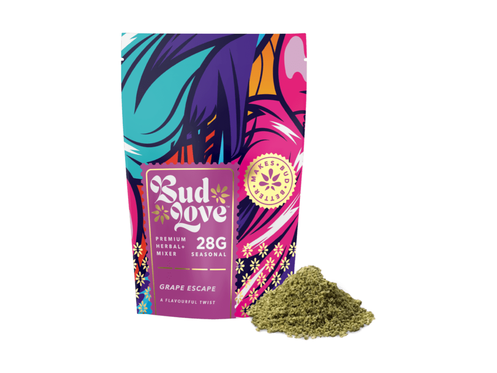 Bud Love Makes Bud Better! 28g resealable pouch. Grape Escape flavor – a flavorful twist. Try some Premium Herbal+ Mixer today and become a Bud Lover!