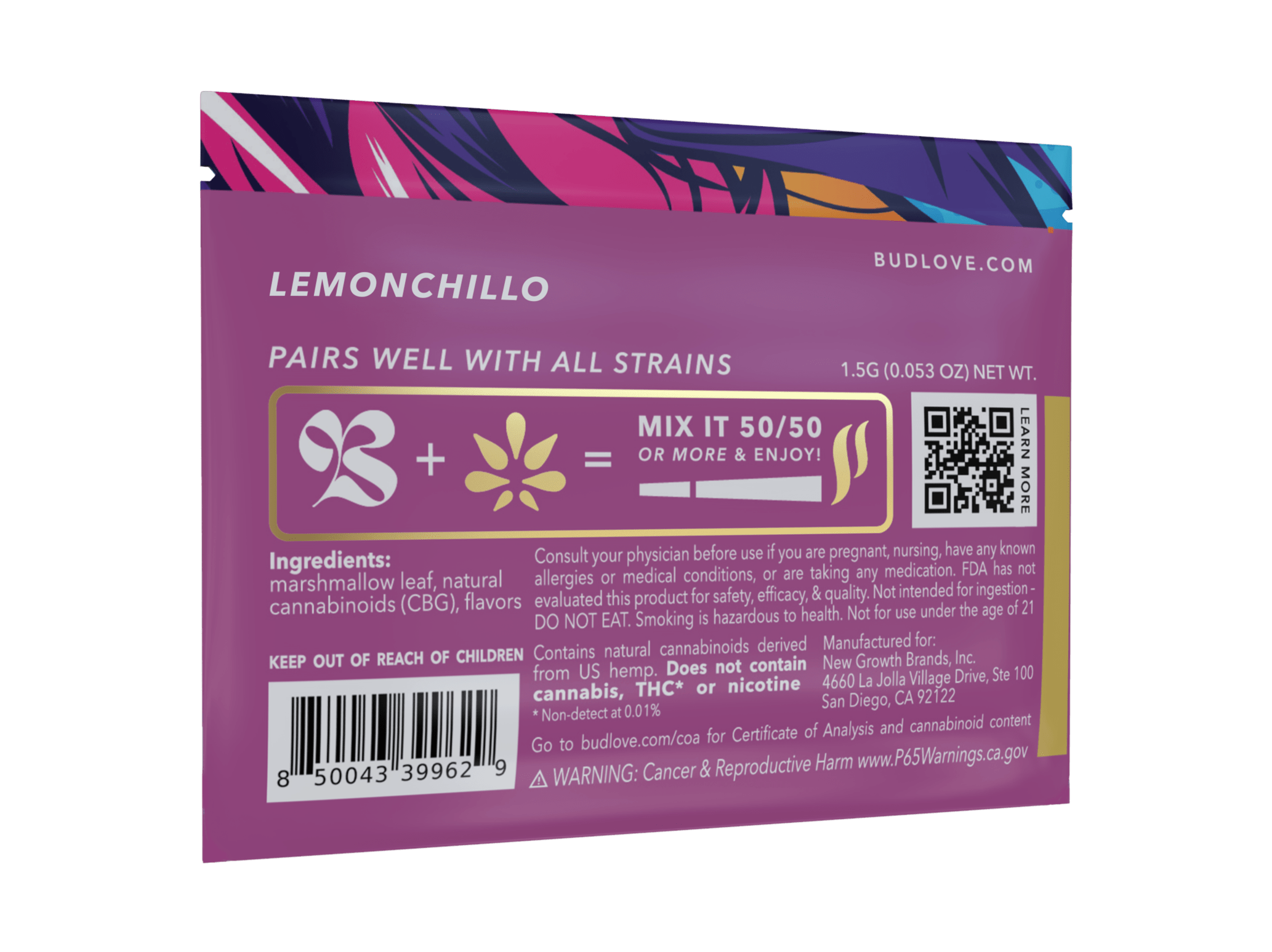 Bud Love Makes Bud Better! 1.5g resealable pouch. Lemonchillo flavor – a flavorful twist. Try some Premium Herbal+ Mixer today and become a Bud Lover!