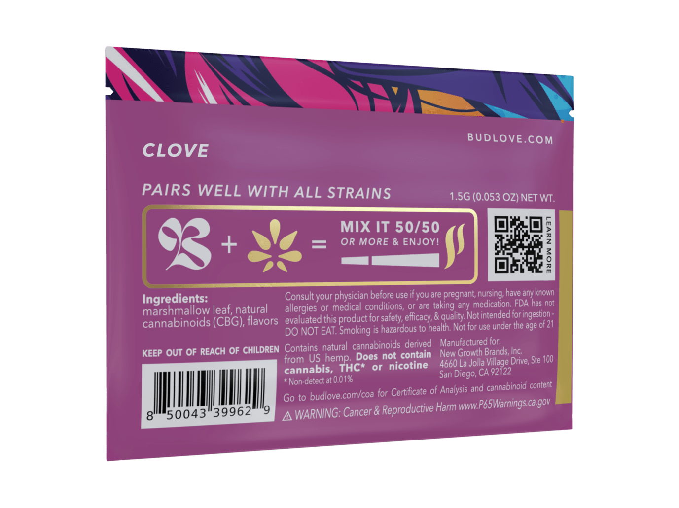 Bud Love Makes Bud Better! Clove 1.5g resealable pouch. Add a flavorful twist with this warm, familiar flavor. Try some today and become a Bud Lover!