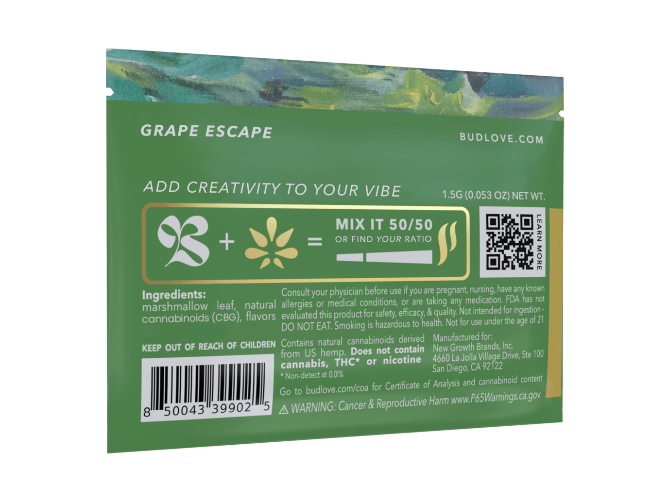Bud Love Makes Bud Better! 1.5g resealable pouch. Grape Escape flavor – pairs well with hybrid strains. Try some Premium Herbal+ Mixer today and become a Bud Lover!