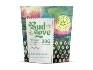 Bud Love Makes Bud Better! 28g resealable pouch. Grape Escape flavor – pairs well with hybrid strains. Try some Premium Herbal+ Mixer today and become a Bud Lover!