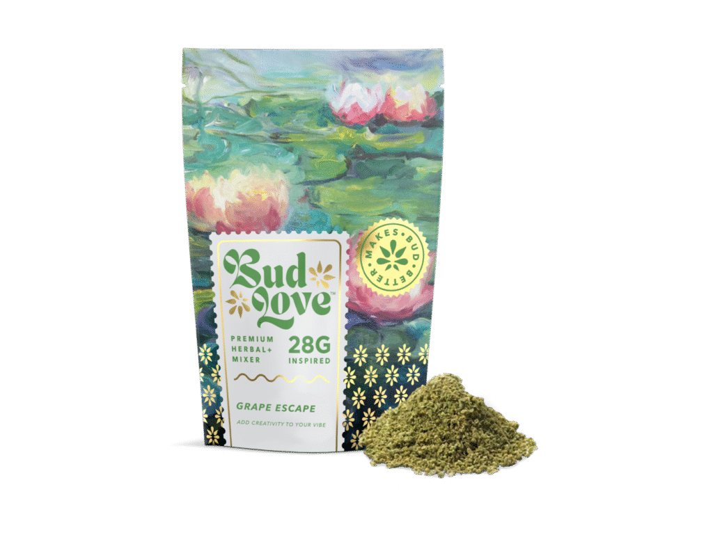 Bud Love Makes Bud Better! 28g resealable pouch. Grape Escape flavor – pairs well with hybrid strains. Try some Premium Herbal+ Mixer today and become a Bud Lover!