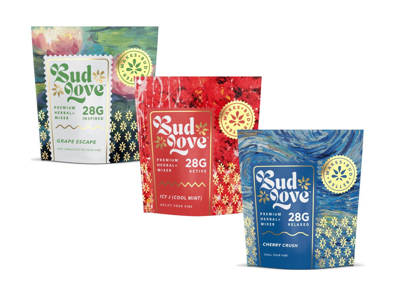 Bud Love Makes Bud Better! 3x 28g double-seal airtight pouch. Best-selling scents. Try some today and become a Bud Lover!