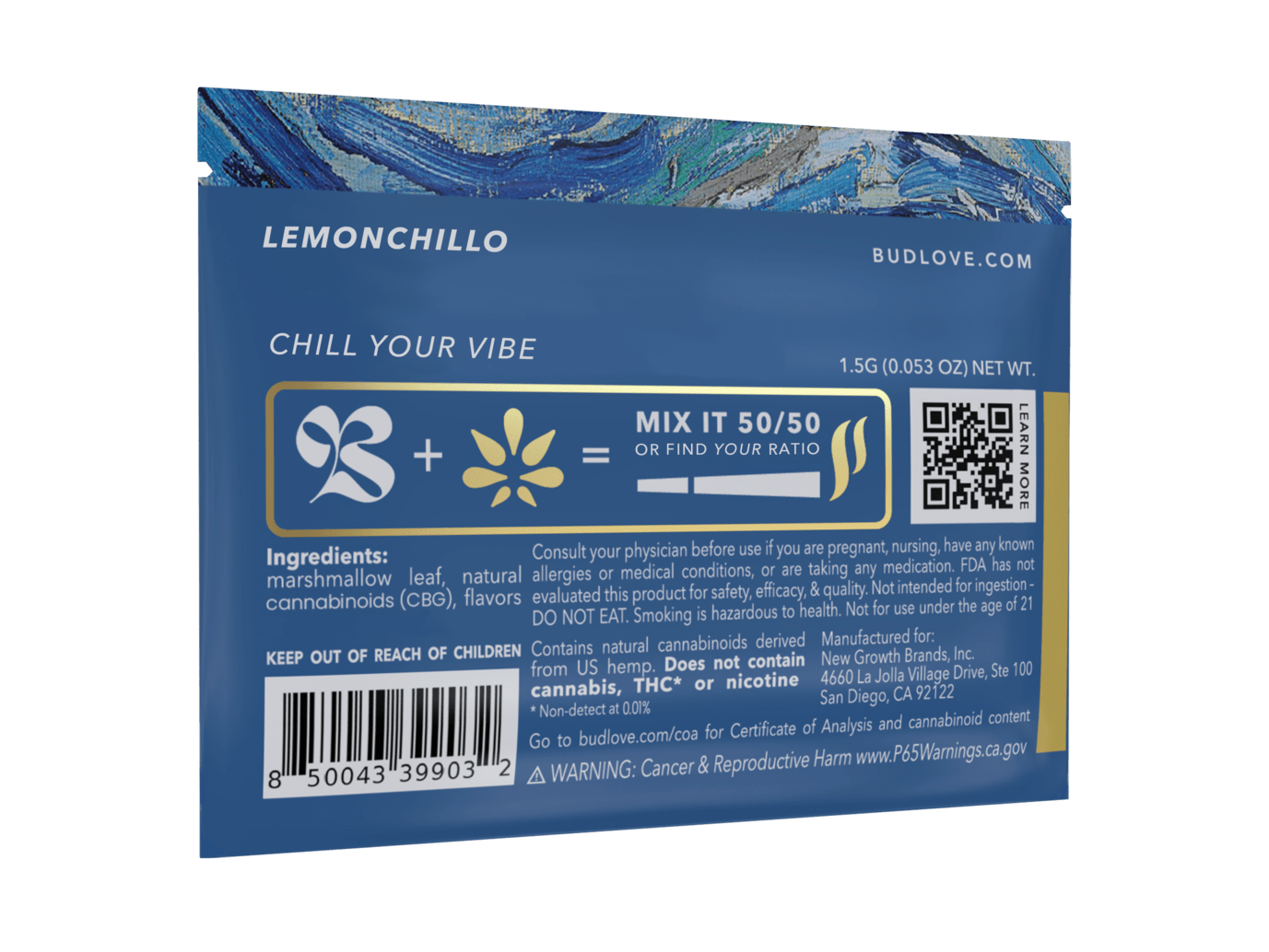 Bud Love Makes Bud Better! 1.5g resealable pouch. Lemonchillo flavor – chill your vibe. Try some Premium Herbal+ Mixer today and become a Bud Lover!