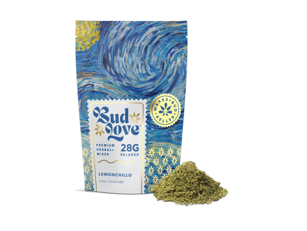 Bud Love Makes Bud Better! 28g resealable pouch. Lemonchillo flavor – chill your vibe. Try some Premium Herbal+ Mixer today and become a Bud Lover!